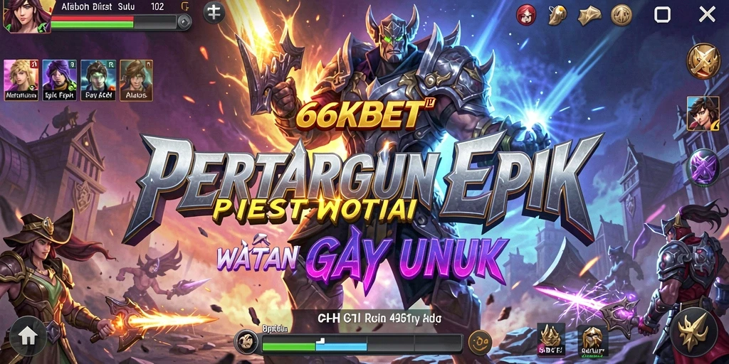 Screenshot 66KBET menampilkan pertarungan intens antara dua karakter dengan latar belakang arena megah.