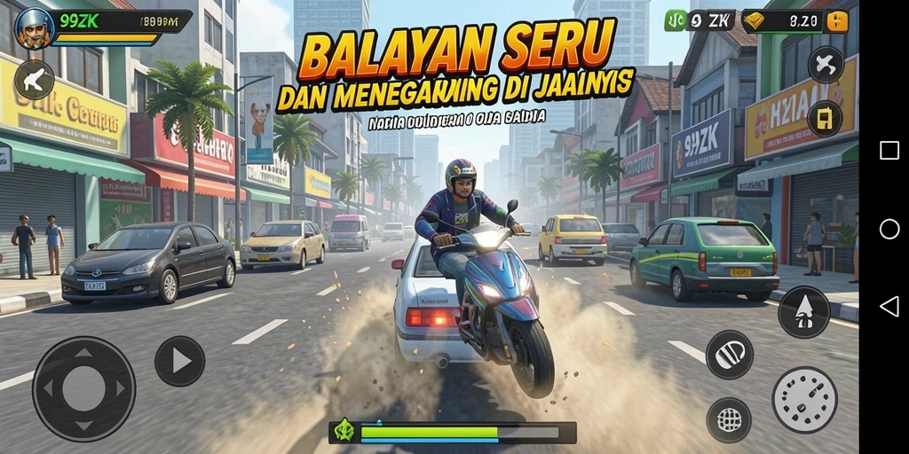 Gameplay seru 99ZK dengan balapan di jalanan yang menantang.