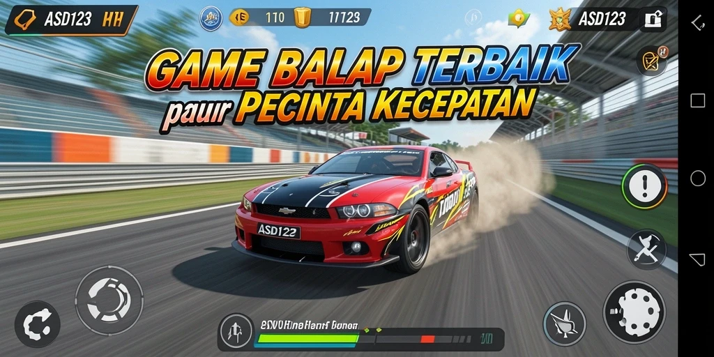Screenshot utama menunjukkan mobil balap yang melaju kencang di sirkuit.