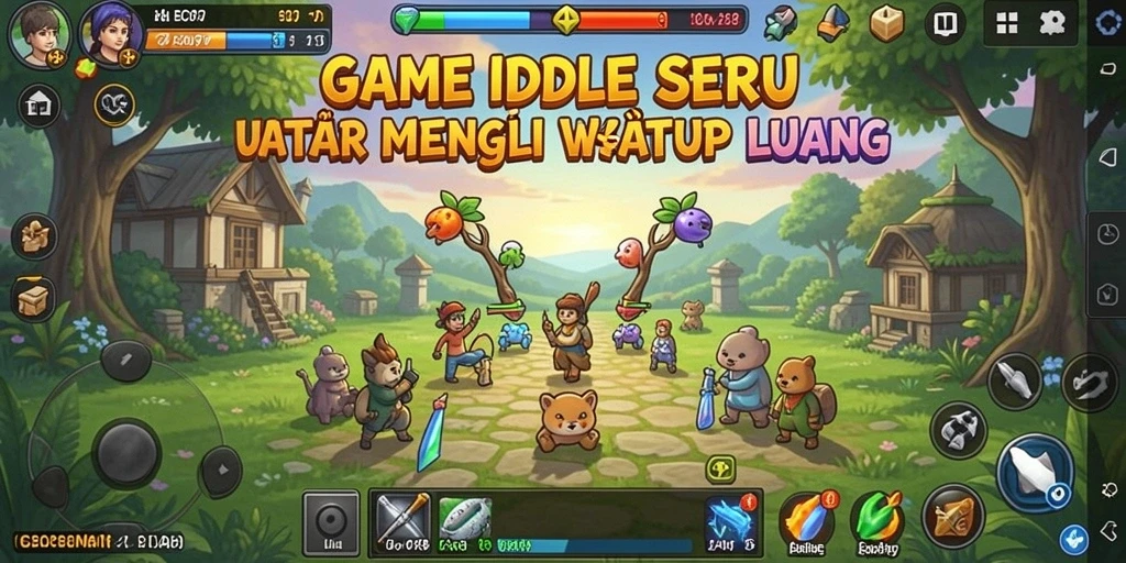 Screenshot gameplay <strong>EOS77</strong> yang menunjukkan kemajuan karakter dalam dunia Idle.