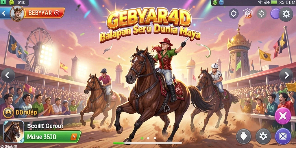 Tangkapan layar utama GEBYAR4D menampilkan aksi balapan yang mendebarkan.