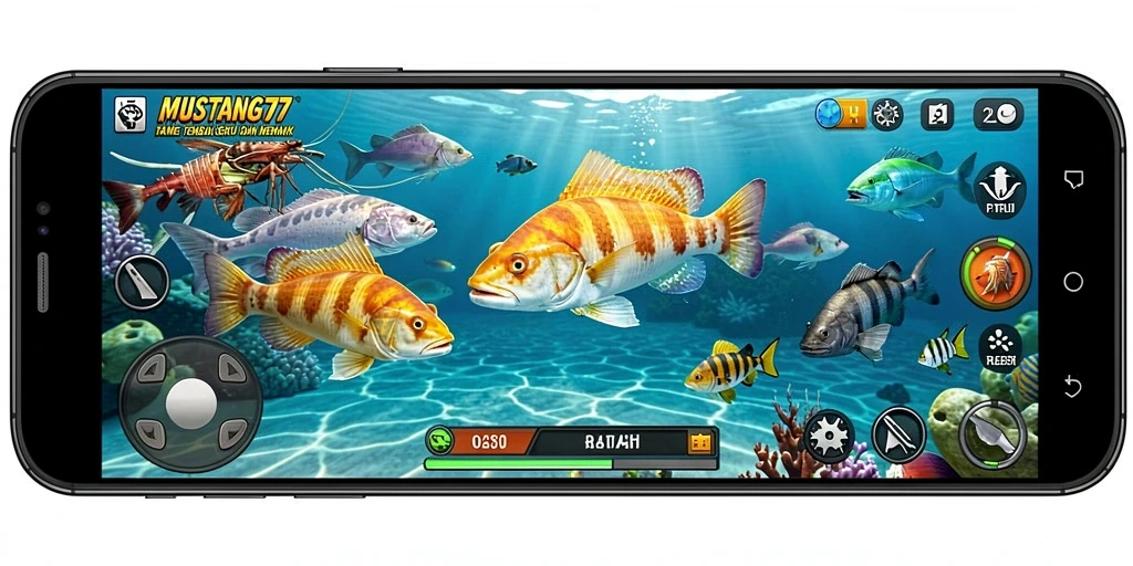 Tampilan gameplay <strong>MUSTANG77</strong> menampilkan aksi menembak ikan yang seru.