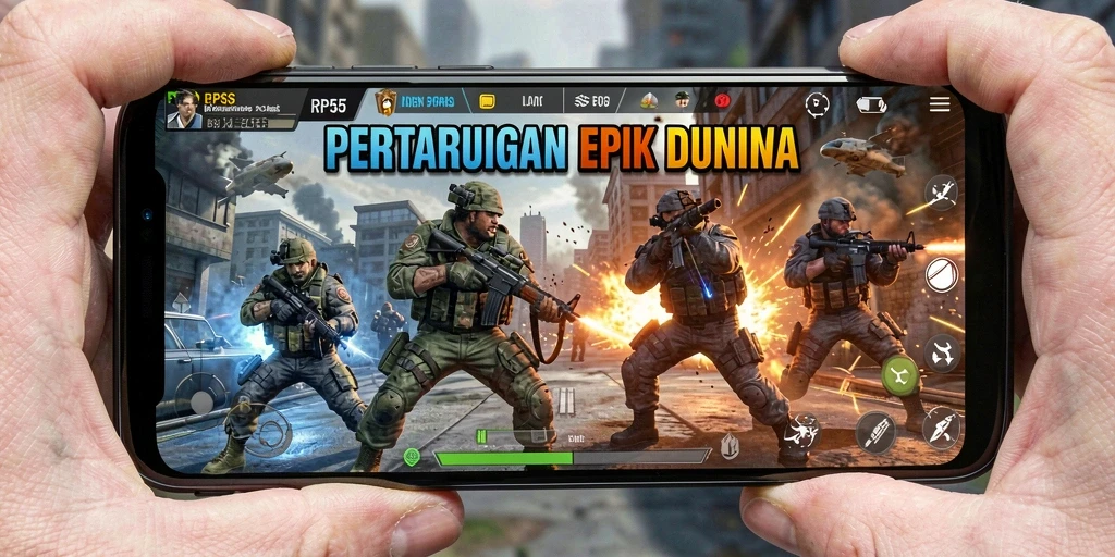 Screenshot utama gameplay seru RP55 di pertempuran FPS.