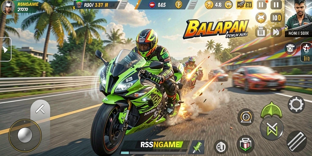 Screenshot gameplay RSNGAME menampilkan aksi balapan motor yang intens.