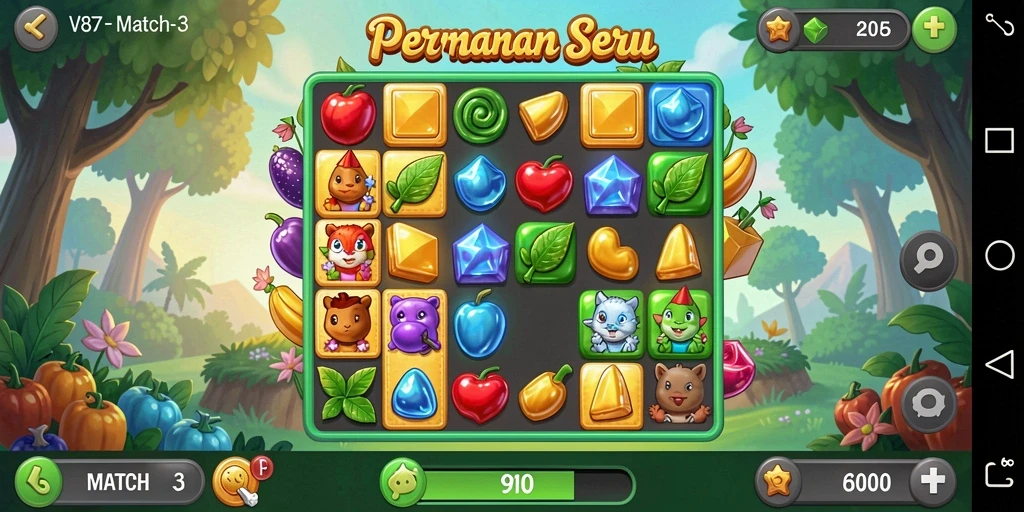 Tampilan gameplay Match-3 V87 yang penuh warna dan seru.